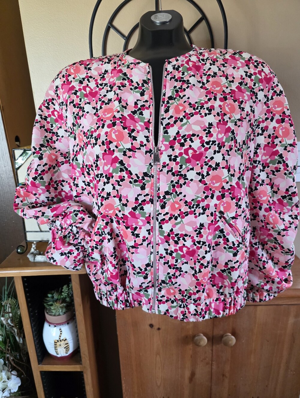 Zara Trf Pink Floral Print Zip Cropped Lined Bomber Jacket Size S
